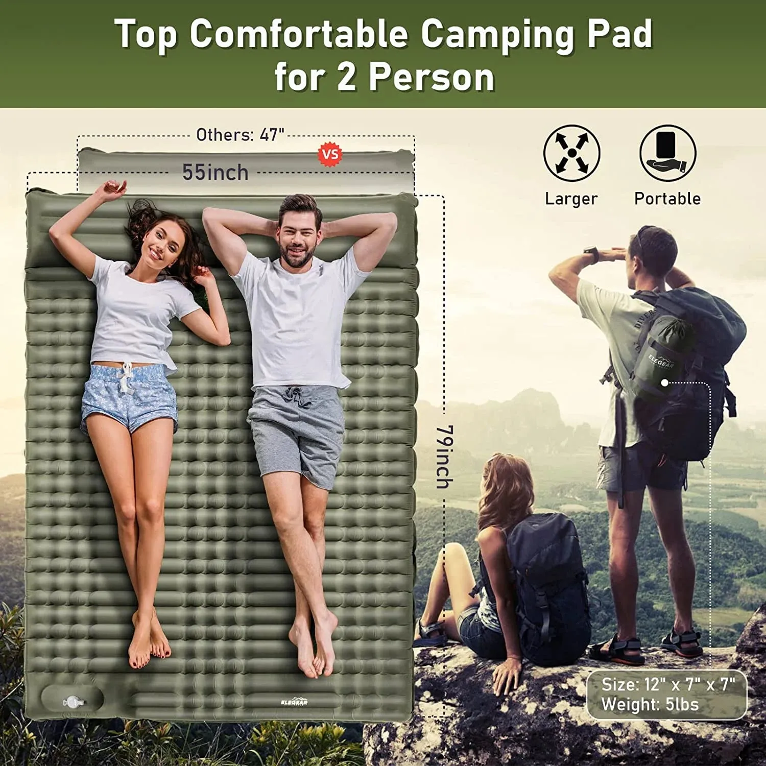 Double Camping Pad | 79"x55" TPU Air Mattress with Foot Pump | Waterproof 40D Nylon Sleeping Pad for Two