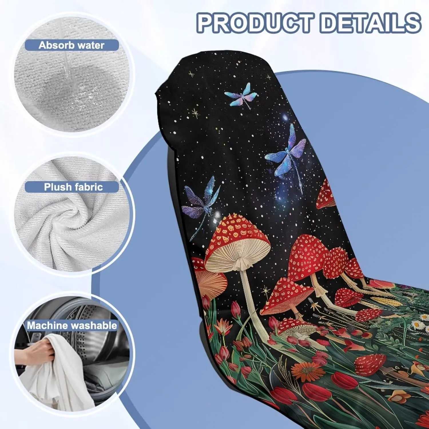Dragonfly Mushroom Sweat Towel Car Seat Cover Washable Car Seat Protector from Sweat, Food, Dirt, Fit Gym, Swimming, Workout, Waterproof Universal Seat Cover for Car, Truck, Van & SUV