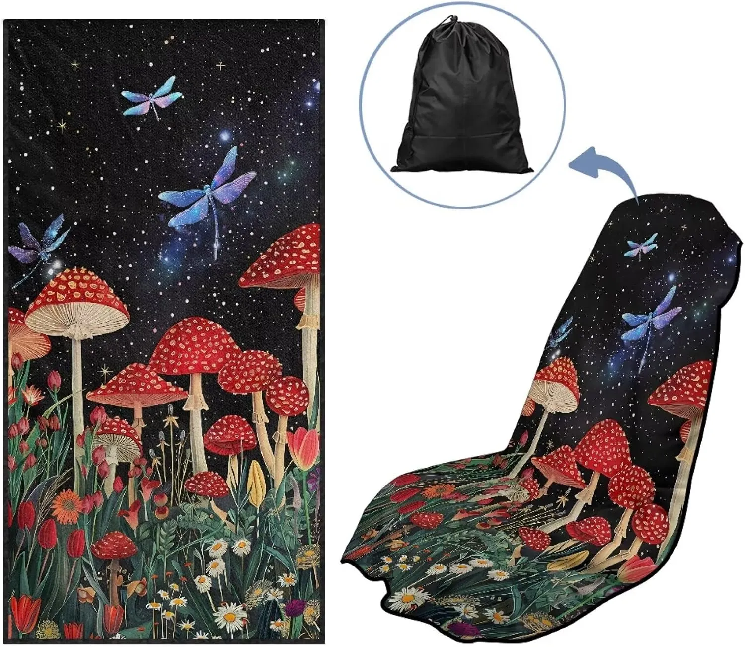 Dragonfly Mushroom Sweat Towel Car Seat Cover Washable Car Seat Protector from Sweat, Food, Dirt, Fit Gym, Swimming, Workout, Waterproof Universal Seat Cover for Car, Truck, Van & SUV