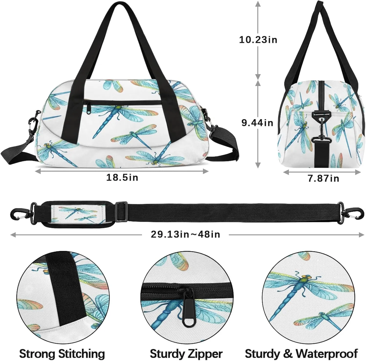 Dragonfly Pattern Kids Duffel Bag Lightweight Waterproof Sports Gym Bag with Front Zipper Pocket Foldable Weekender Overnight Bag for School Practice Gymnastic Ballet