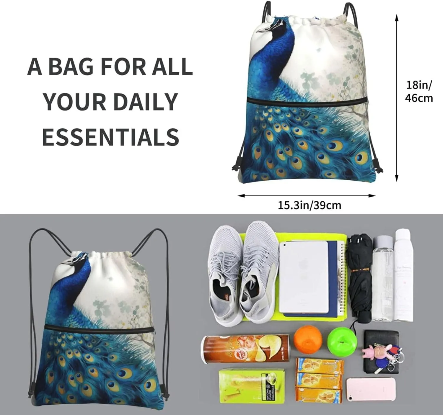 Drawstring Backpack Blue Peacock String Bag Sackpack Foldable Backpack Sports Gym Bag for Shopping Yoga
