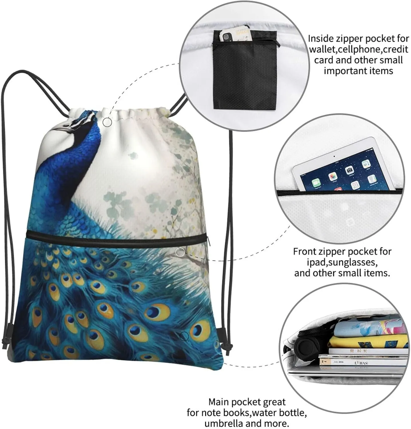 Drawstring Backpack Blue Peacock String Bag Sackpack Foldable Backpack Sports Gym Bag for Shopping Yoga