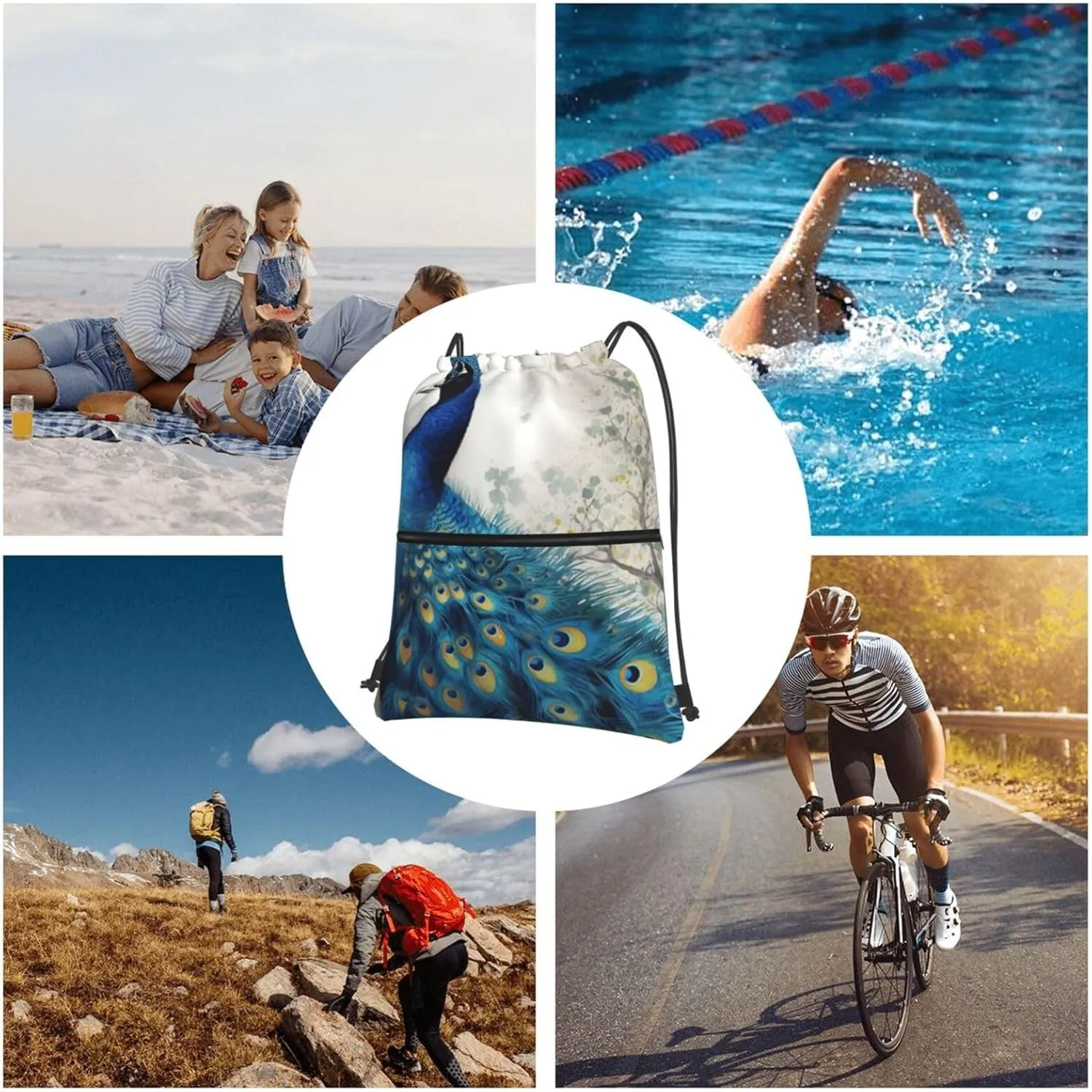 Drawstring Backpack Blue Peacock String Bag Sackpack Foldable Backpack Sports Gym Bag for Shopping Yoga
