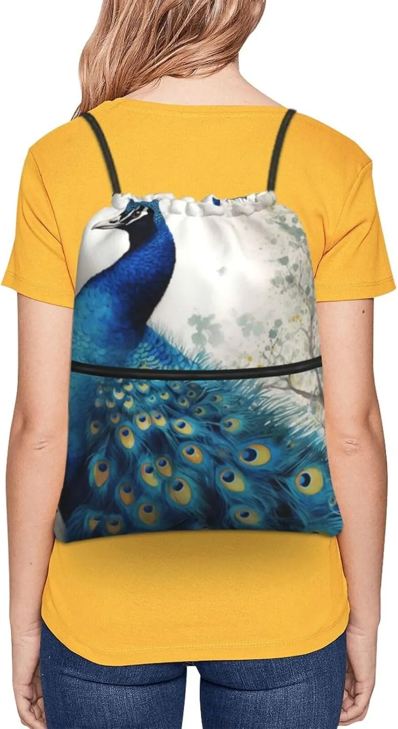 Drawstring Backpack Blue Peacock String Bag Sackpack Foldable Backpack Sports Gym Bag for Shopping Yoga