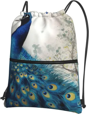Drawstring Backpack Blue Peacock String Bag Sackpack Foldable Backpack Sports Gym Bag for Shopping Yoga