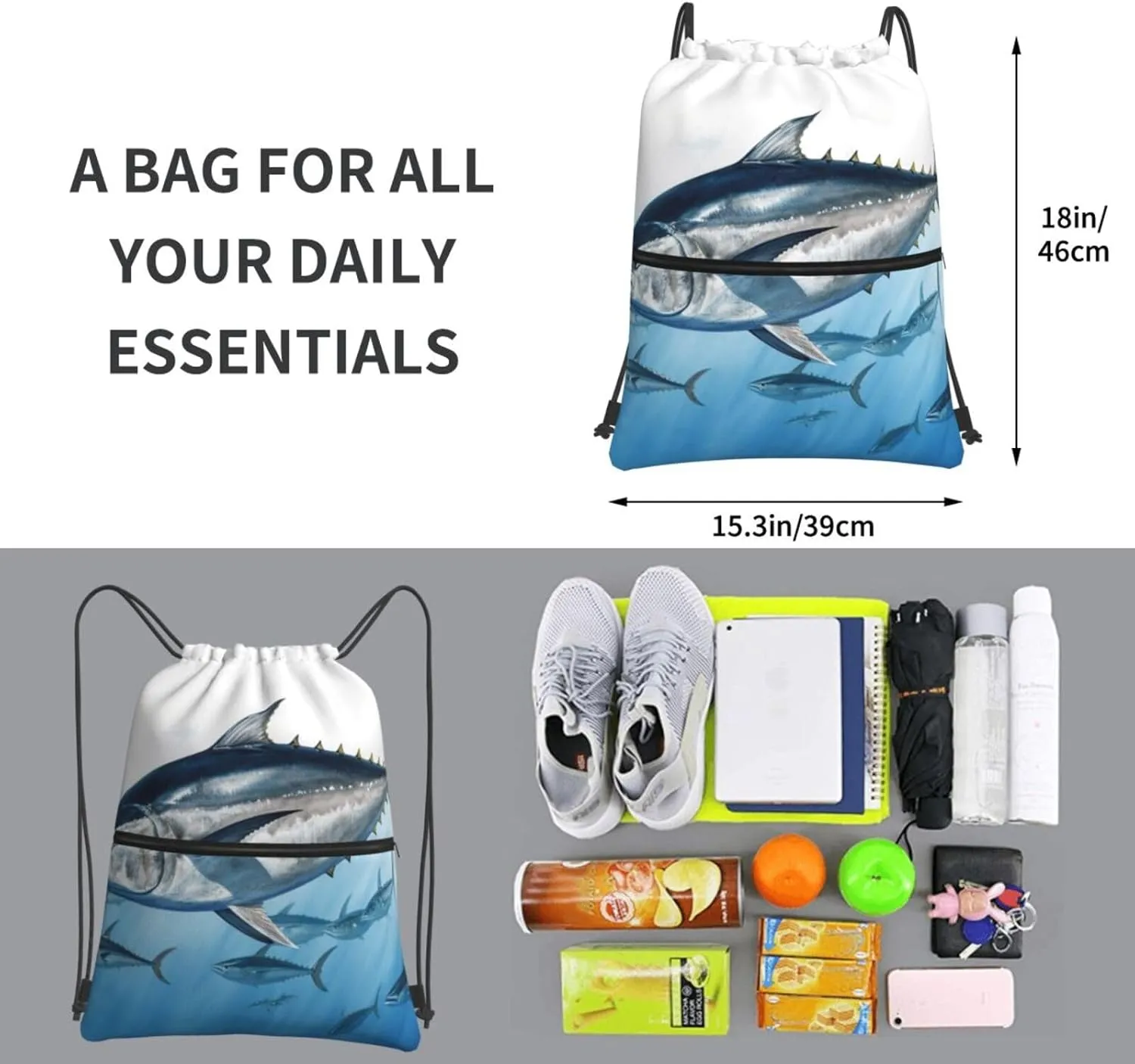 Drawstring Backpack Bluefin Tuna Thunnus String Bag Sackpack Foldable Backpack Sports Gym Bag for Shopping Yoga