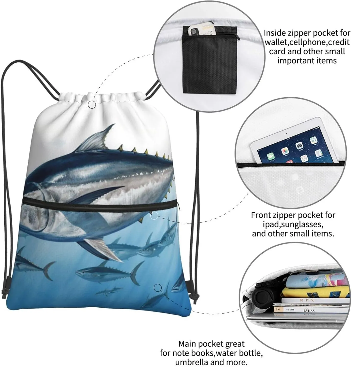 Drawstring Backpack Bluefin Tuna Thunnus String Bag Sackpack Foldable Backpack Sports Gym Bag for Shopping Yoga