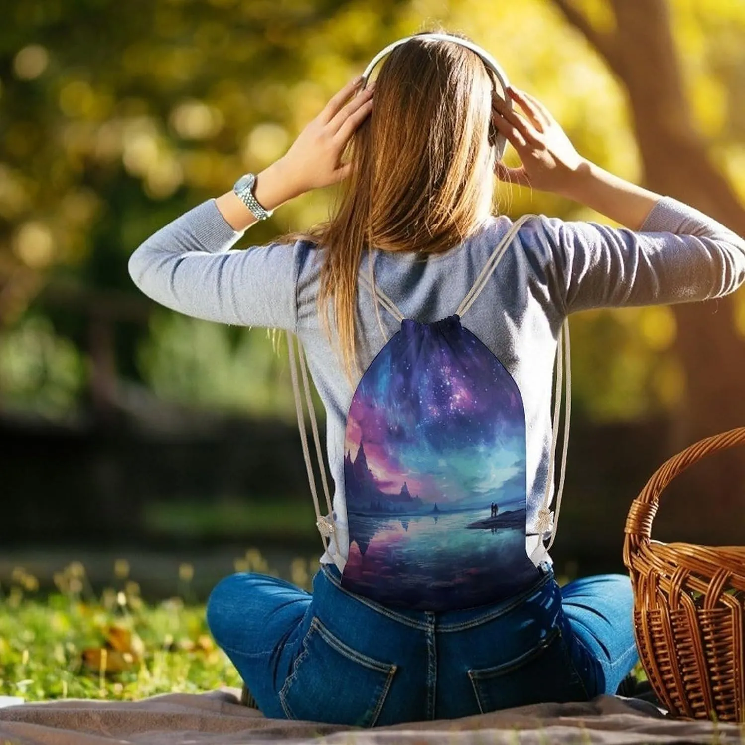 Drawstring Backpack Northern Lights String Bag Sackpack Foldable Backpack Sports Gym Bag for Shopping Yoga