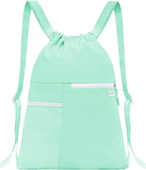 Drawstring Backpack with Mesh Pocket Water Resistant String Beach Swim Sports Gym for Women Men (Mint Green)