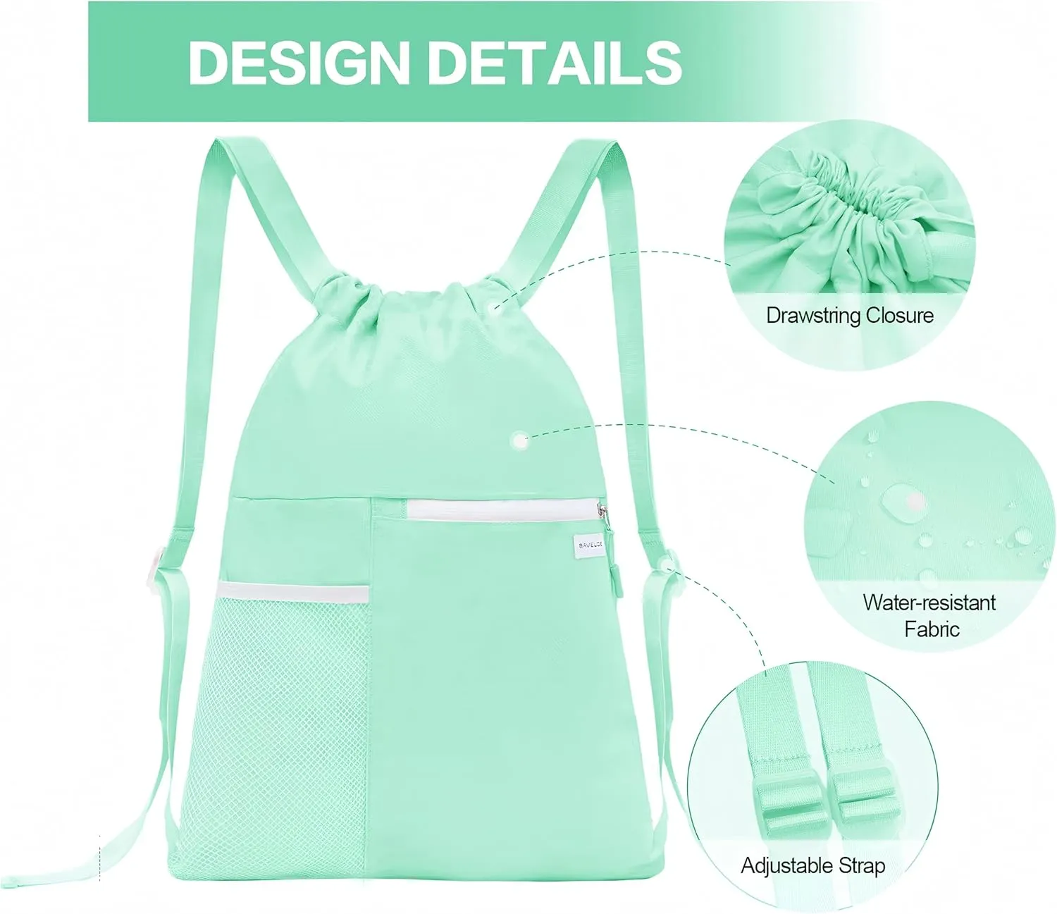 Drawstring Backpack with Mesh Pocket Water Resistant String Beach Swim Sports Gym for Women Men (Mint Green)