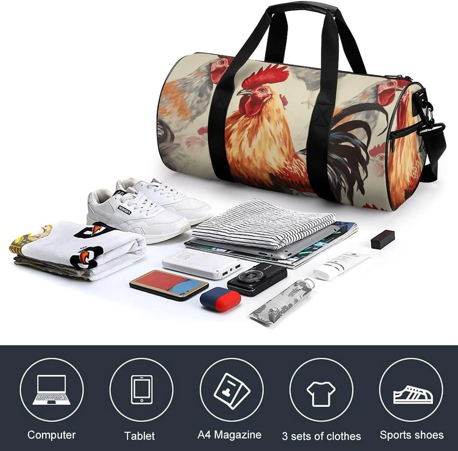 Duffel Bag for Men Women Gym Bag Animal Art Chicken Painting Travel Duffel Bag Waterproof Overnight Bag for Sports Workout