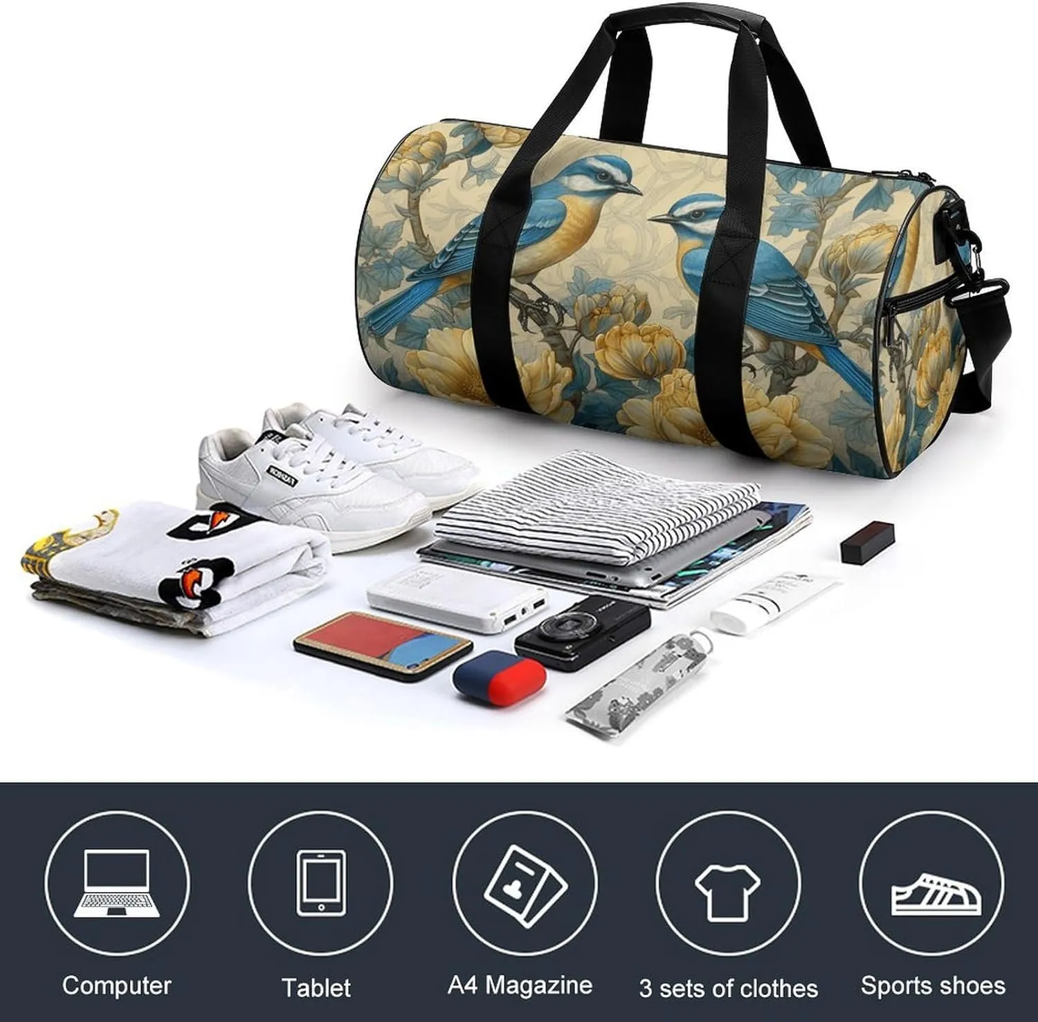 Duffel Bag for Men Women Gym Bag Bird Style Painting Travel Duffel Bag Waterproof Overnight Bag for Sports Workout