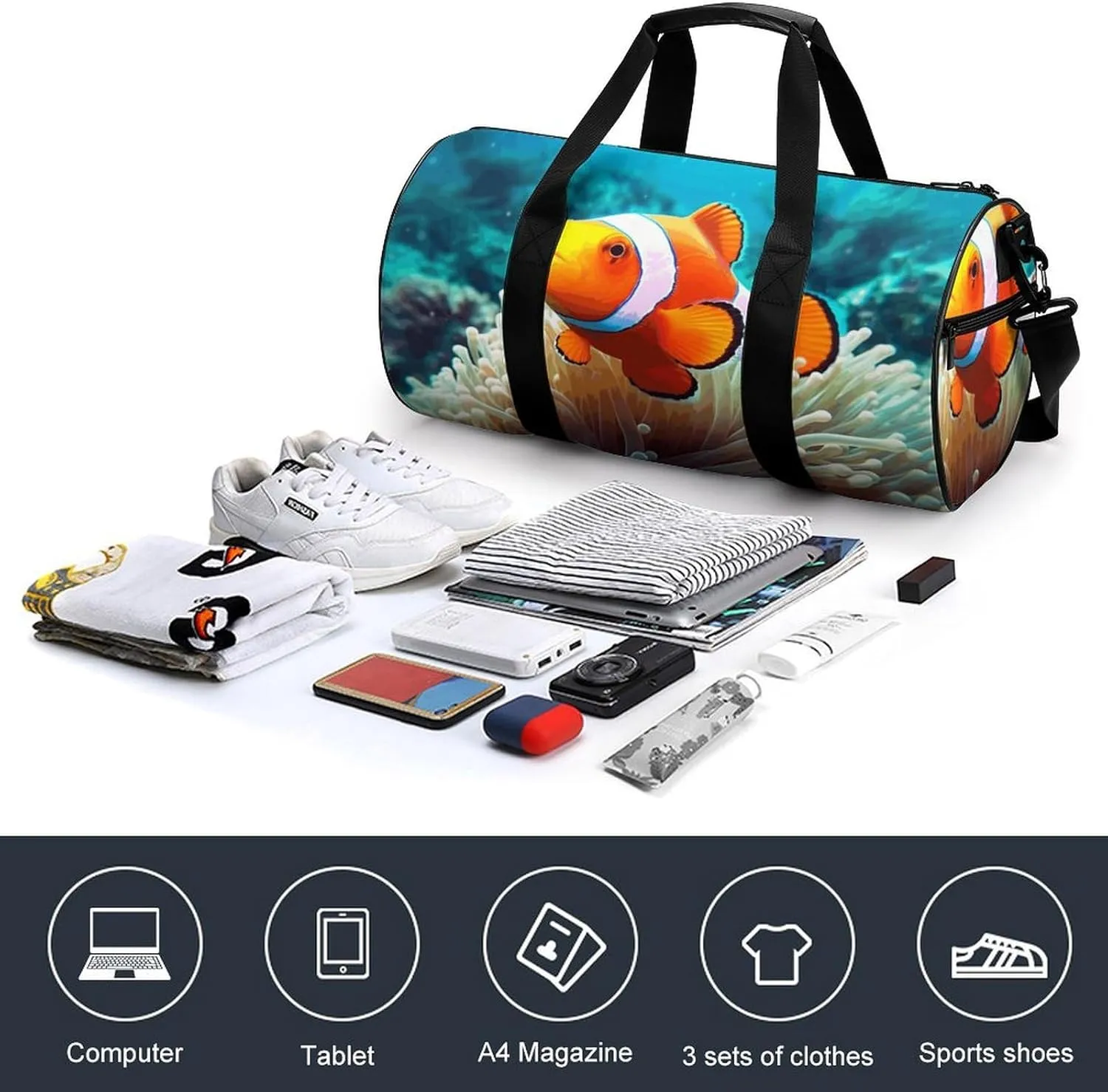 Duffel Bag for Men Women Gym Bag Clown Fish Travel Duffel Bag Waterproof Overnight Bag for Sports Workout