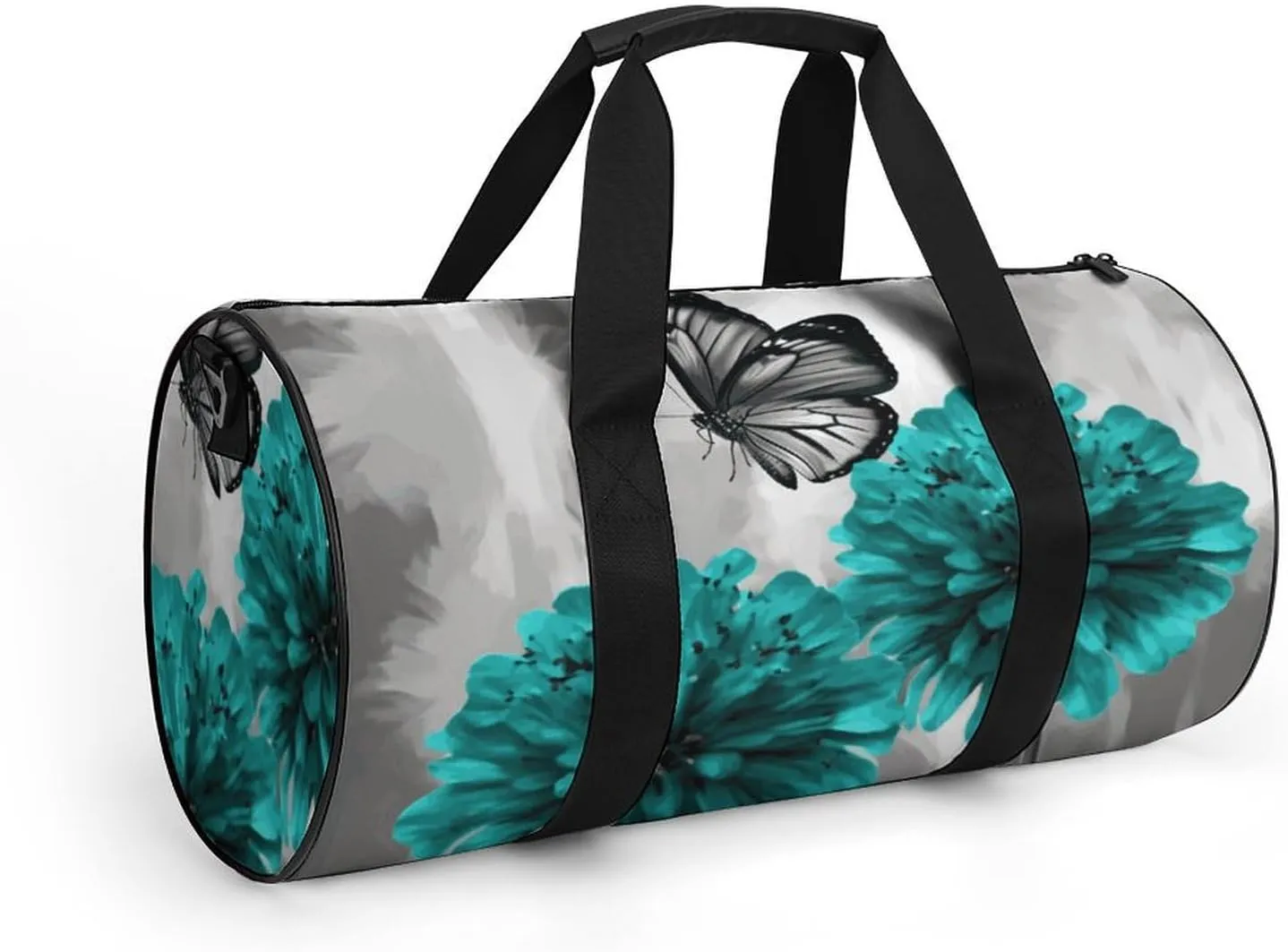 Duffel Bag for Men Women Gym Bag Gray Teal Flower Butterfly Travel Duffel Bag Waterproof Overnight Bag for Sports Workout