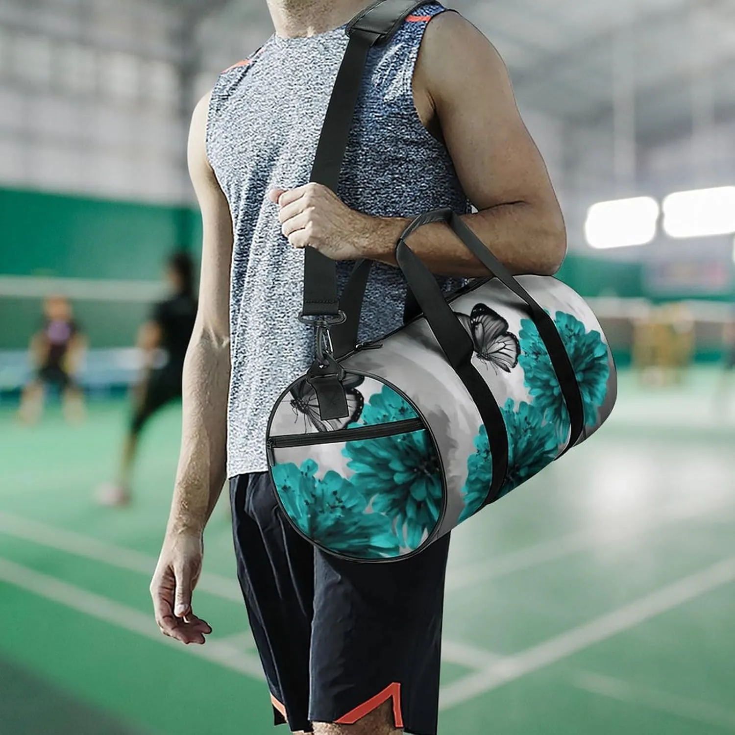 Duffel Bag for Men Women Gym Bag Gray Teal Flower Butterfly Travel Duffel Bag Waterproof Overnight Bag for Sports Workout