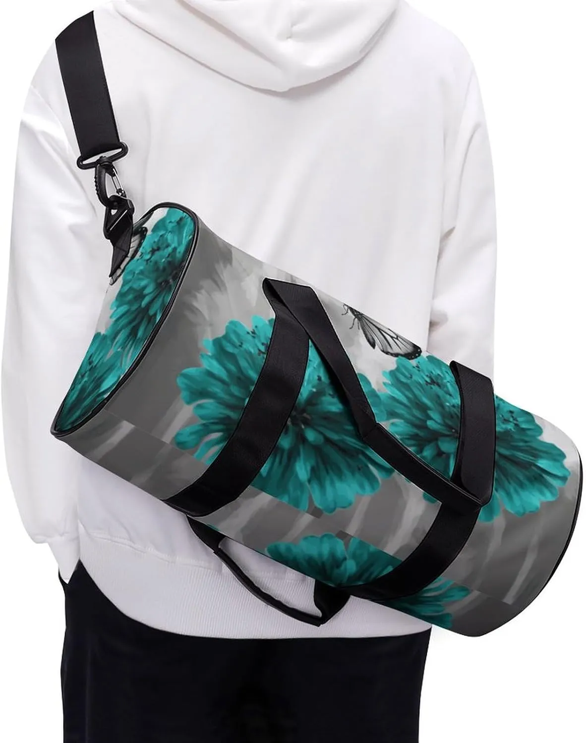 Duffel Bag for Men Women Gym Bag Gray Teal Flower Butterfly Travel Duffel Bag Waterproof Overnight Bag for Sports Workout