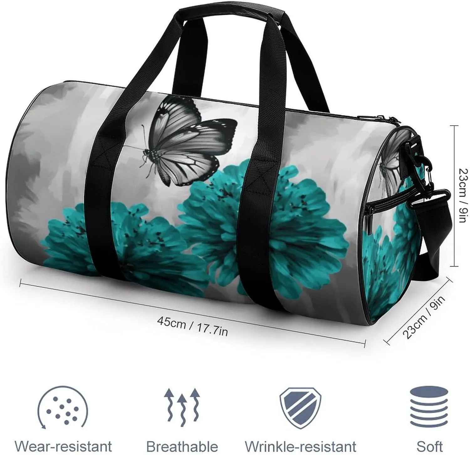 Duffel Bag for Men Women Gym Bag Gray Teal Flower Butterfly Travel Duffel Bag Waterproof Overnight Bag for Sports Workout
