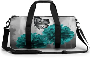 Duffel Bag for Men Women Gym Bag Gray Teal Flower Butterfly Travel Duffel Bag Waterproof Overnight Bag for Sports Workout