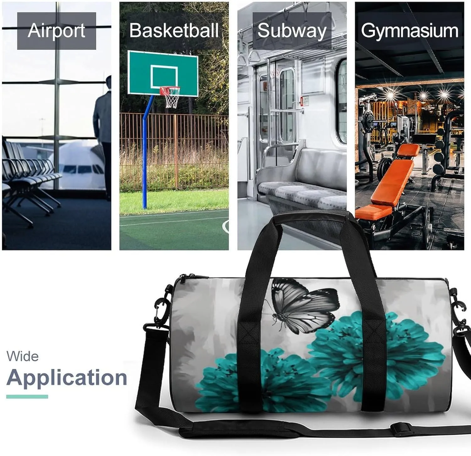 Duffel Bag for Men Women Gym Bag Gray Teal Flower Butterfly Travel Duffel Bag Waterproof Overnight Bag for Sports Workout