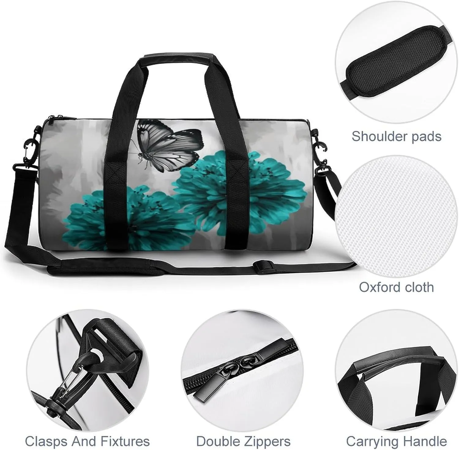 Duffel Bag for Men Women Gym Bag Gray Teal Flower Butterfly Travel Duffel Bag Waterproof Overnight Bag for Sports Workout