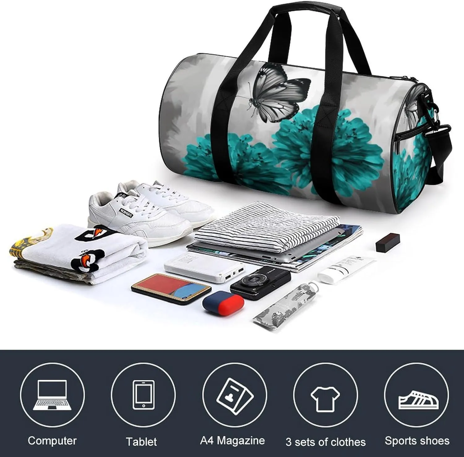 Duffel Bag for Men Women Gym Bag Gray Teal Flower Butterfly Travel Duffel Bag Waterproof Overnight Bag for Sports Workout