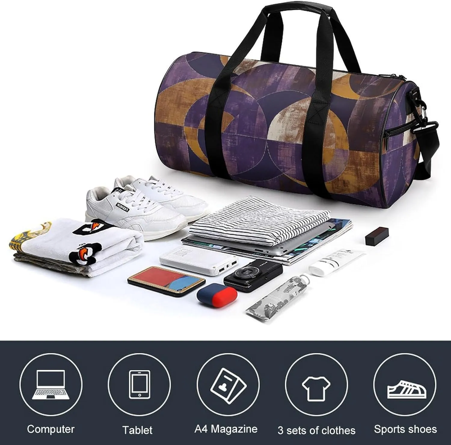 Duffel Bag for Men Women Gym Bag Purple And Brown Circles Travel Duffel Bag Waterproof Overnight Bag for Sports Workout