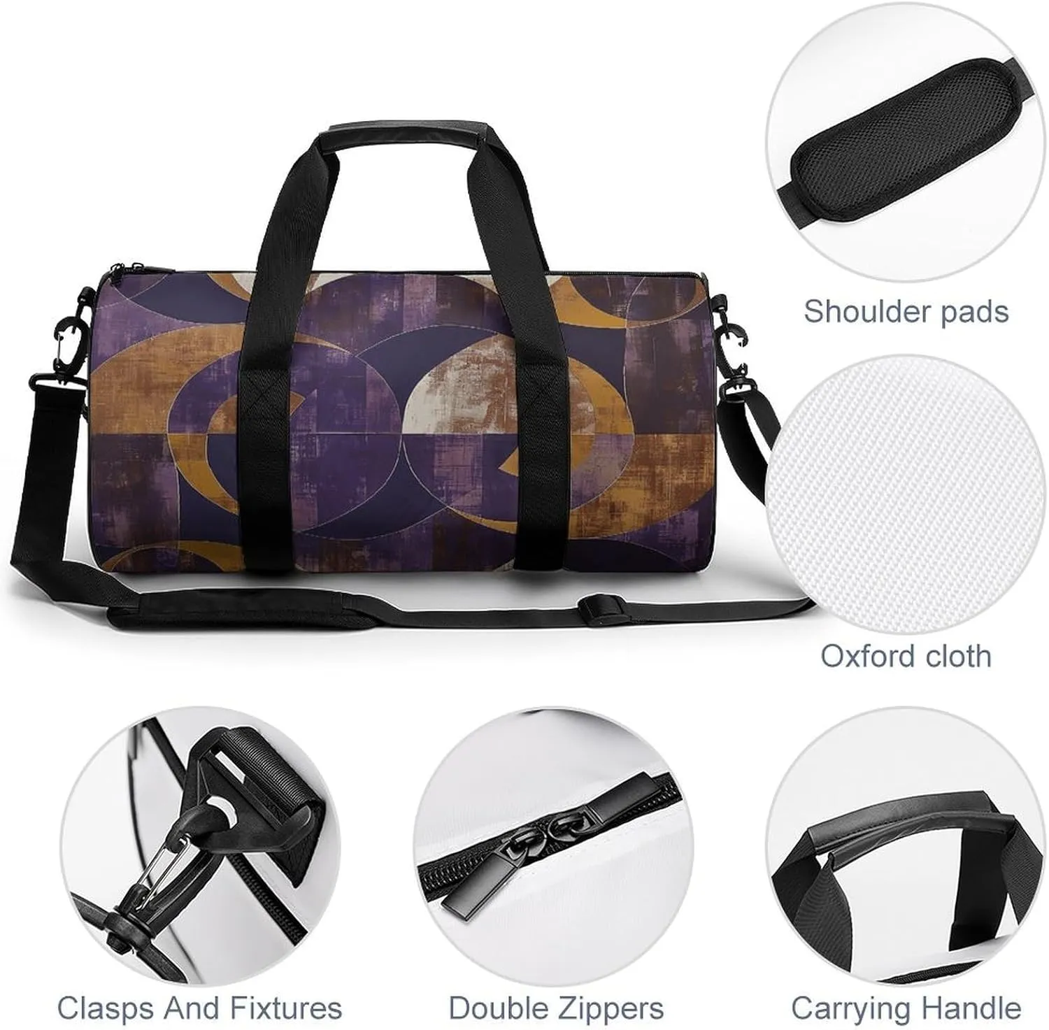 Duffel Bag for Men Women Gym Bag Purple And Brown Circles Travel Duffel Bag Waterproof Overnight Bag for Sports Workout