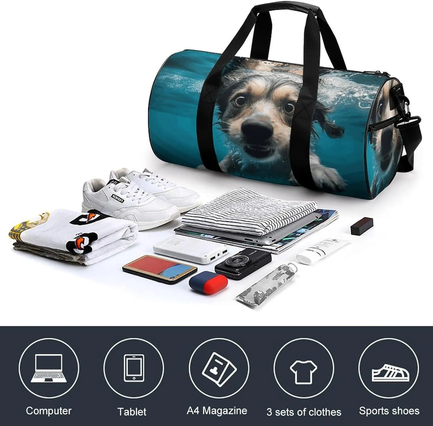 Duffel Bag for Men Women Gym Bag Underwater Dog Travel Duffel Bag Waterproof Overnight Bag for Sports Workout