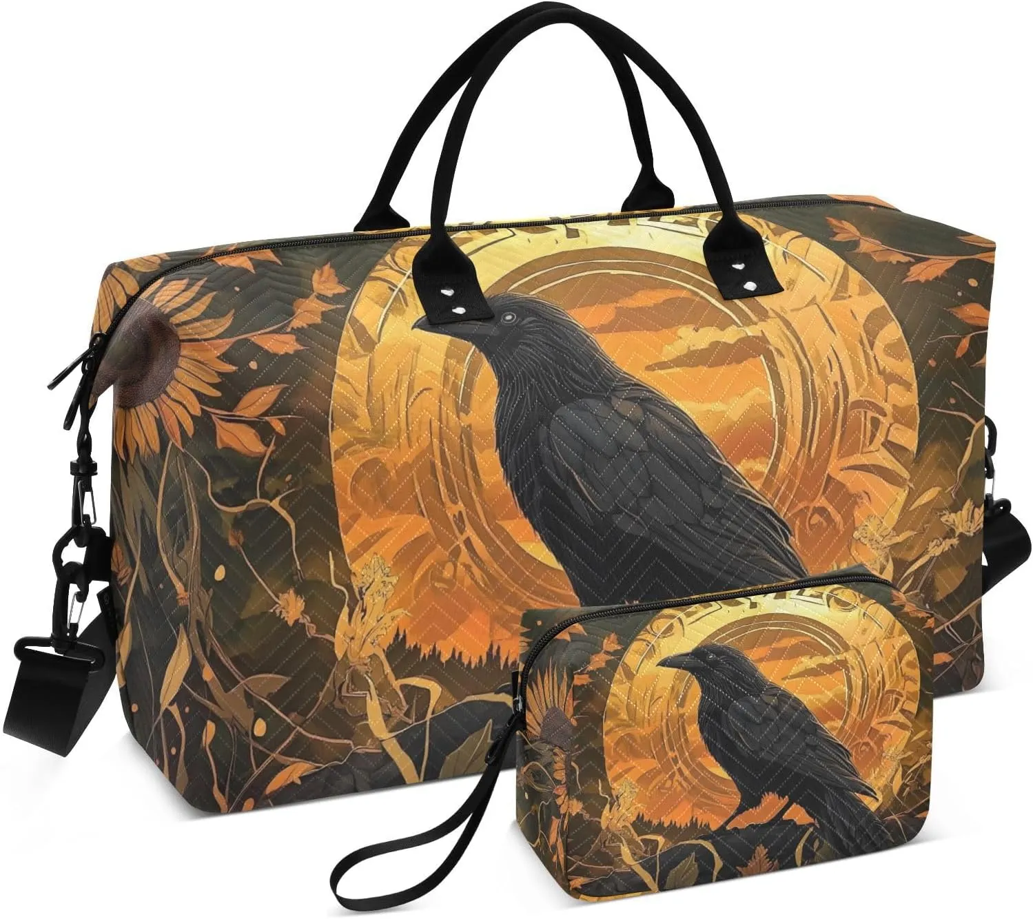 Duffel Bag for Travel, Raven Sunflower Gothic Gym Bag with Multiple Interior Pockets Shoulder Weekender Bags for Women Men 20.5L x 7.9W x 13.8H