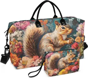Duffel Bag for Traveling, Squirrel Flowers Colorful Gym Bags with Multiple Interior Pockets for Women Men Toiletry Purse Included 20.5”x 1.9” x 13.8”