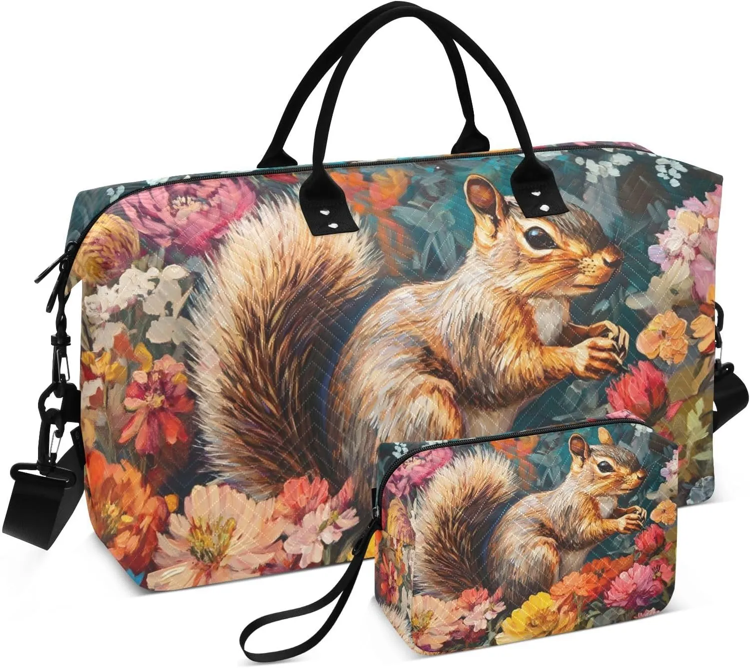 Duffel Bag for Traveling, Squirrel Flowers Colorful Gym Bags with Multiple Interior Pockets for Women Men Toiletry Purse Included 20.5”x 1.9” x 13.8”