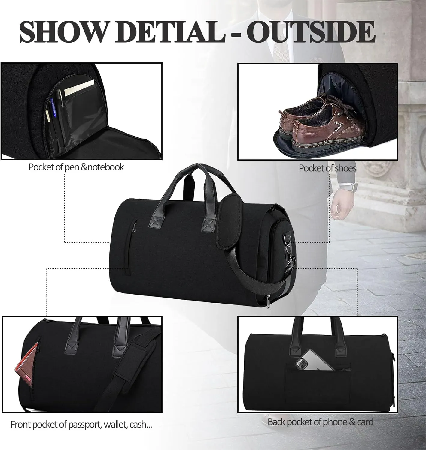 Duffle Bag Carry On Garment Bag for Travel Bags Men Women Business Weekend,Convertible Garment Bag Duffel Bag Large Foldable Luggage Bag with Shoulder Strap,Hanging Suitcase Dress Suit Black