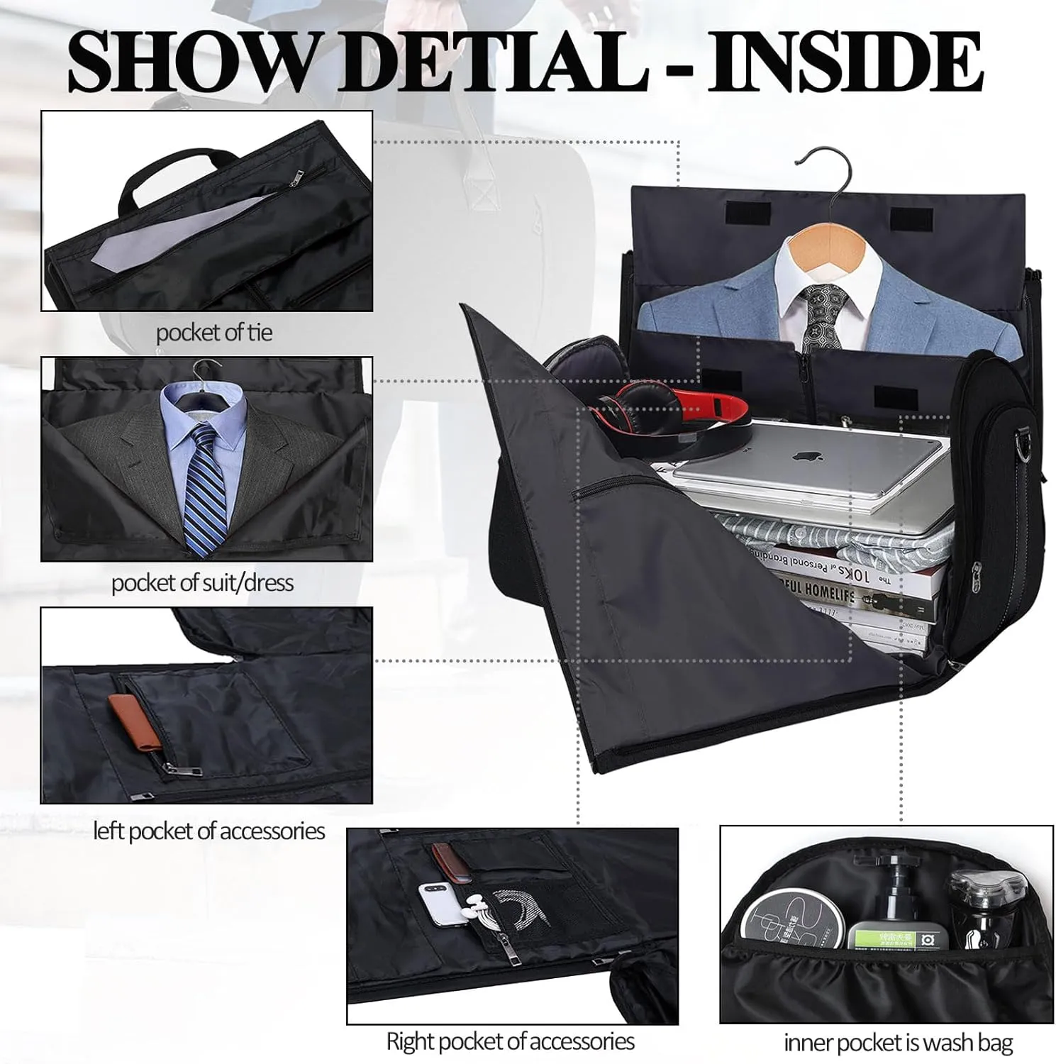Duffle Bag Carry On Garment Bag for Travel Bags Men Women Business Weekend,Convertible Garment Bag Duffel Bag Large Foldable Luggage Bag with Shoulder Strap,Hanging Suitcase Dress Suit Black