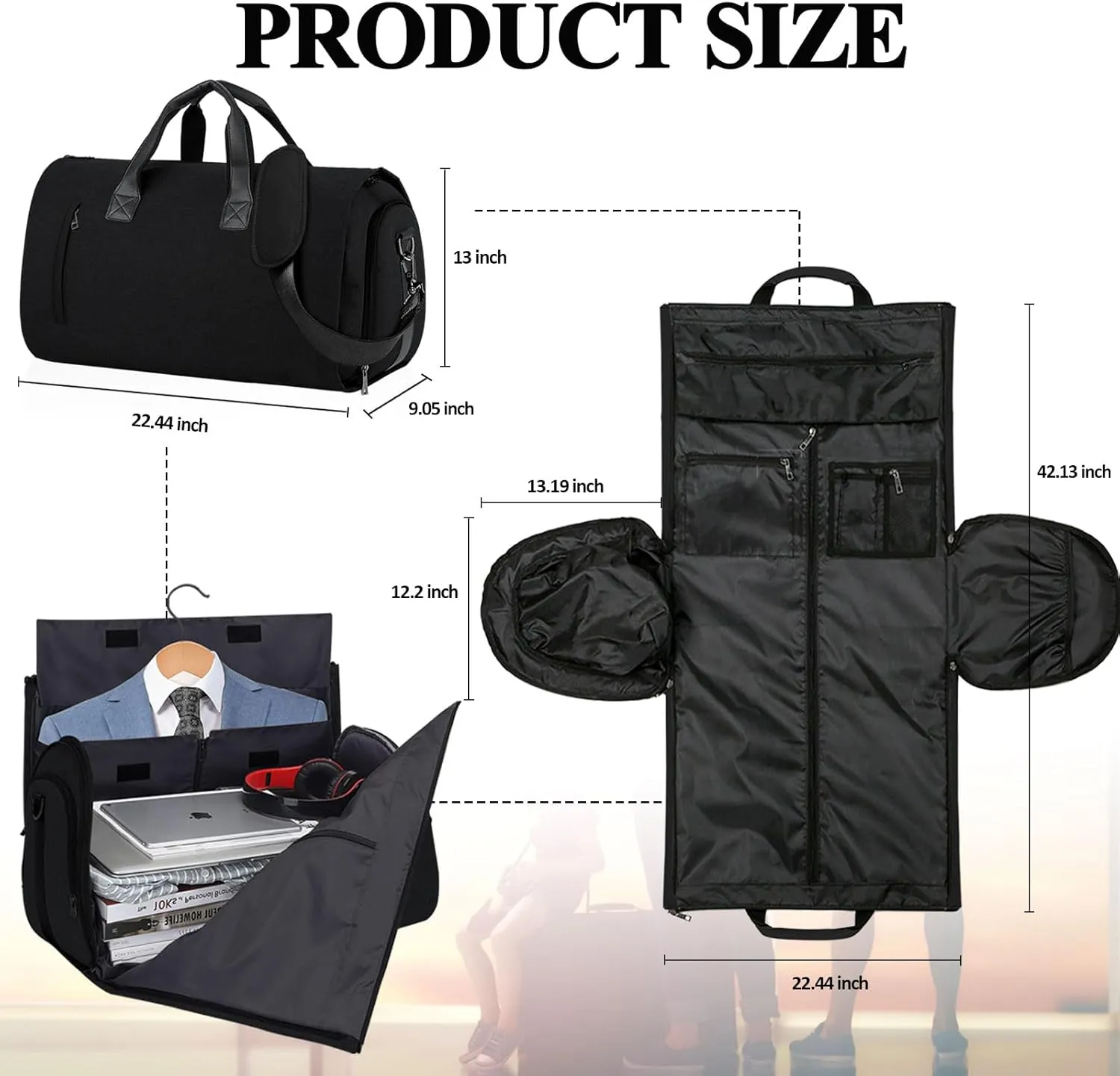 Duffle Bag Carry On Garment Bag for Travel Bags Men Women Business Weekend,Convertible Garment Bag Duffel Bag Large Foldable Luggage Bag with Shoulder Strap,Hanging Suitcase Dress Suit Black