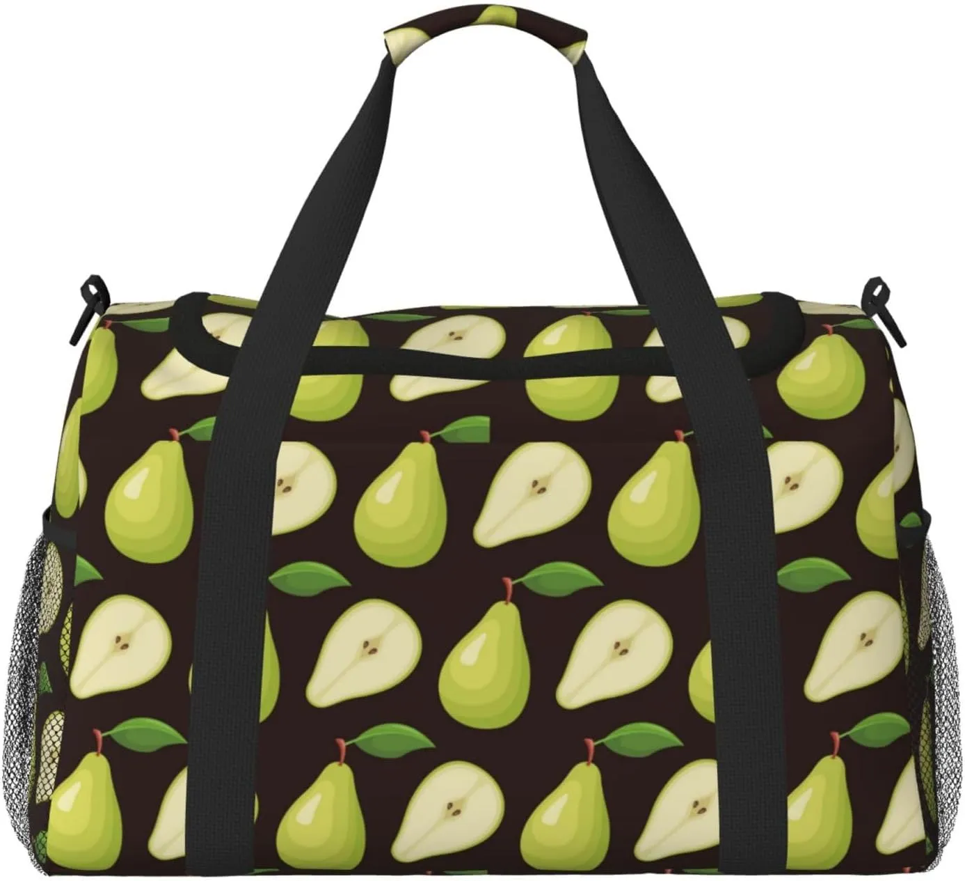 Duffle Bag for Travel, Cute Lime Green Pear Black Weekender Overnight Duffel Bag, Carry On Bag Gym Bag for Women Men, Personal Item Travel Bag