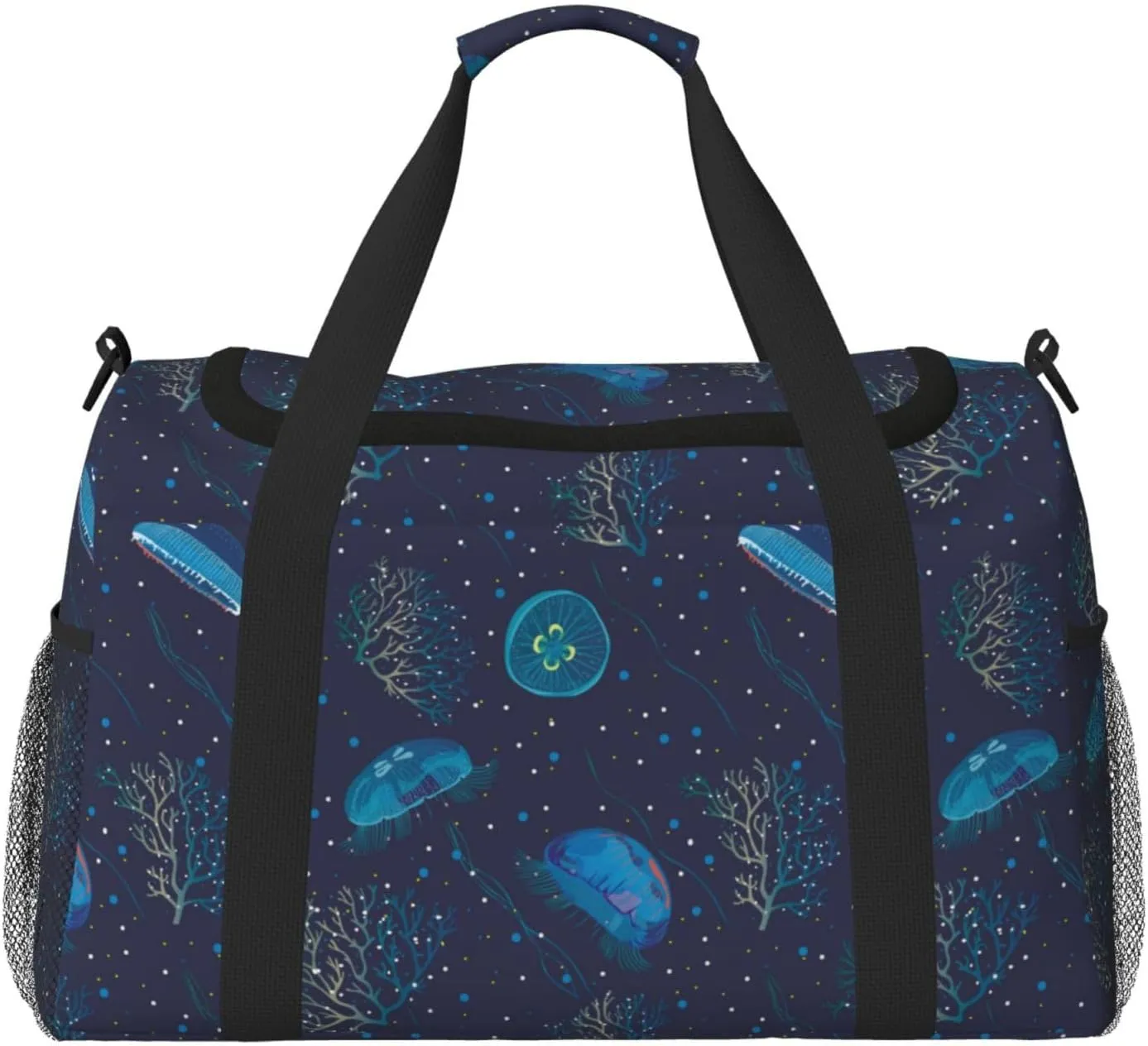 Duffle Bag for Travel, Deep Blue Coral Jellyfish Weekender Overnight Duffel Bag, Carry On Bag Gym Bag for Women Men, Personal Item Travel Bag