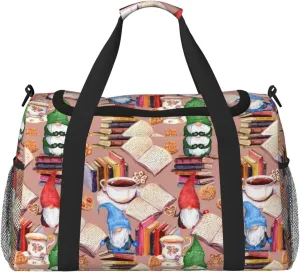 Duffle Bag for Travel, Gnomes Books Tea Cups Weekender Overnight Duffel Bag, Carry On Bag Gym Bag for Women Men, Personal Item Travel Bag