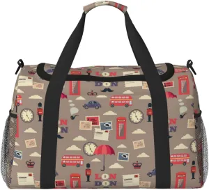 Duffle Bag for Travel, London Stamp Pattern Weekender Overnight Duffel Bag, Carry On Bag Gym Bag for Women Men, Personal Item Travel Bag