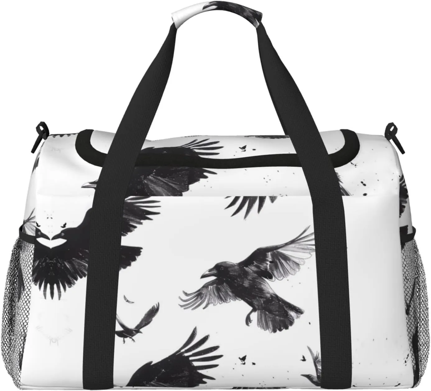 Duffle Bag for Travel, Monochrome Flying Ravens Weekender Overnight Duffel Bag, Carry On Bag Gym Bag for Women Men, Personal Item Travel Bag