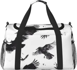 Duffle Bag for Travel, Monochrome Flying Ravens Weekender Overnight Duffel Bag, Carry On Bag Gym Bag for Women Men, Personal Item Travel Bag