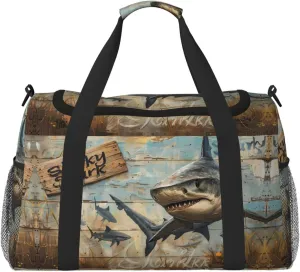 Duffle Bag for Travel, Wood Grain Shark Weekender Overnight Duffel Bag, Carry On Bag Gym Bag for Women Men, Personal Item Travel Bag