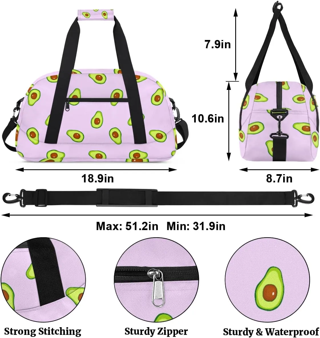 Duffle Bag Fruit Avocado Delicious Gym Bag Travel Bag Luggage Bag Waterproof Lightweight Sports for Dance Gymnastics Cheers Soccer Wrestling Hospital, for Weekender Overnight
