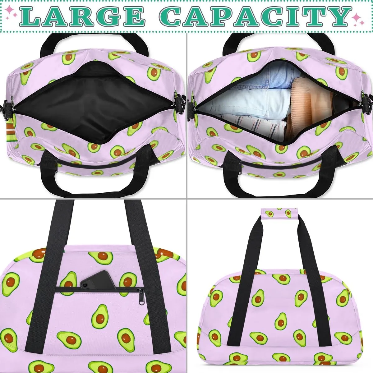 Duffle Bag Fruit Avocado Delicious Gym Bag Travel Bag Luggage Bag Waterproof Lightweight Sports for Dance Gymnastics Cheers Soccer Wrestling Hospital, for Weekender Overnight
