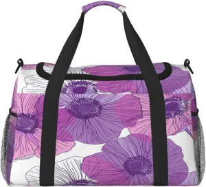 Duffle Bag Purple Anemone Flowers Floral Travel Duffel Bags for Men Women with Adjustable Strap Carry on Gym Bag Overnight Weekender Bag