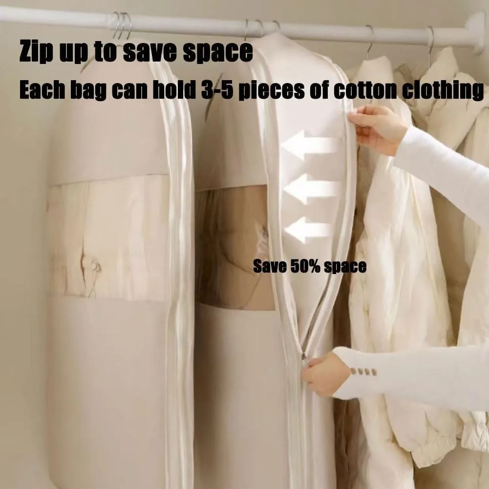 Dust Cover Clothes Bags for Down Coat，Space Saver Closet Organizers，Space Saving Hanging Garment Bag with Self Compression Zipper(Beige,XX-Large)