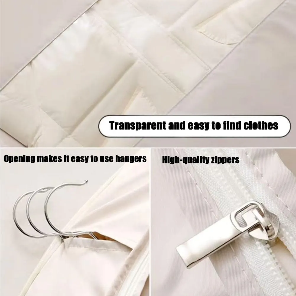 Dust Cover Clothes Bags for Down Coat，Space Saver Closet Organizers，Space Saving Hanging Garment Bag with Self Compression Zipper(Beige,XX-Large)