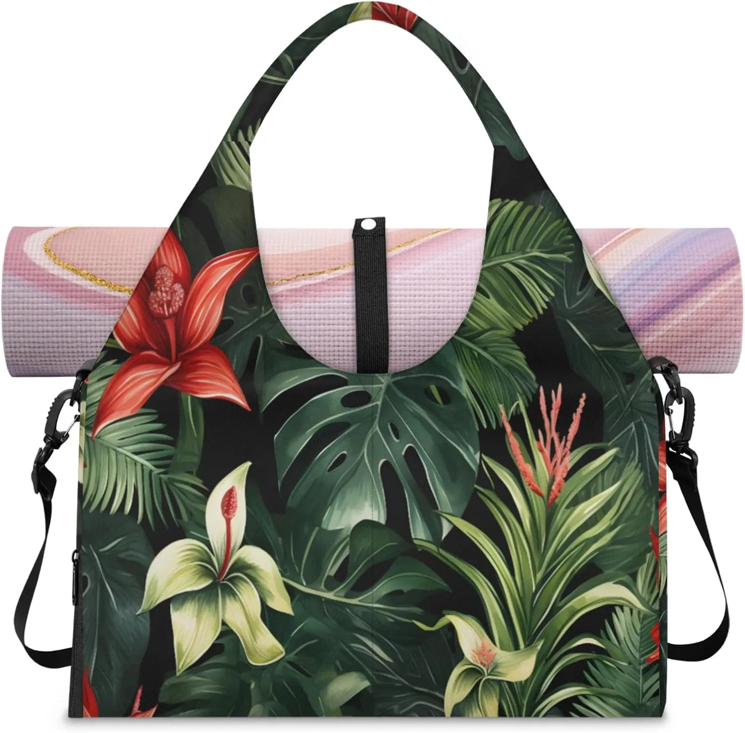 Dynamic Jungle Scene Waterproof Gym Bag for Men Women, Sports Duffel Bag with Shoe Compartment Yoga Mat Holder, Portable Large Travel Bag for Fitness, Camping, Weekend Trips
