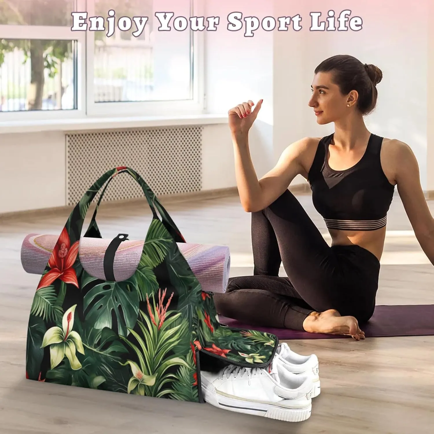Dynamic Jungle Scene Waterproof Gym Bag for Men Women, Sports Duffel Bag with Shoe Compartment Yoga Mat Holder, Portable Large Travel Bag for Fitness, Camping, Weekend Trips
