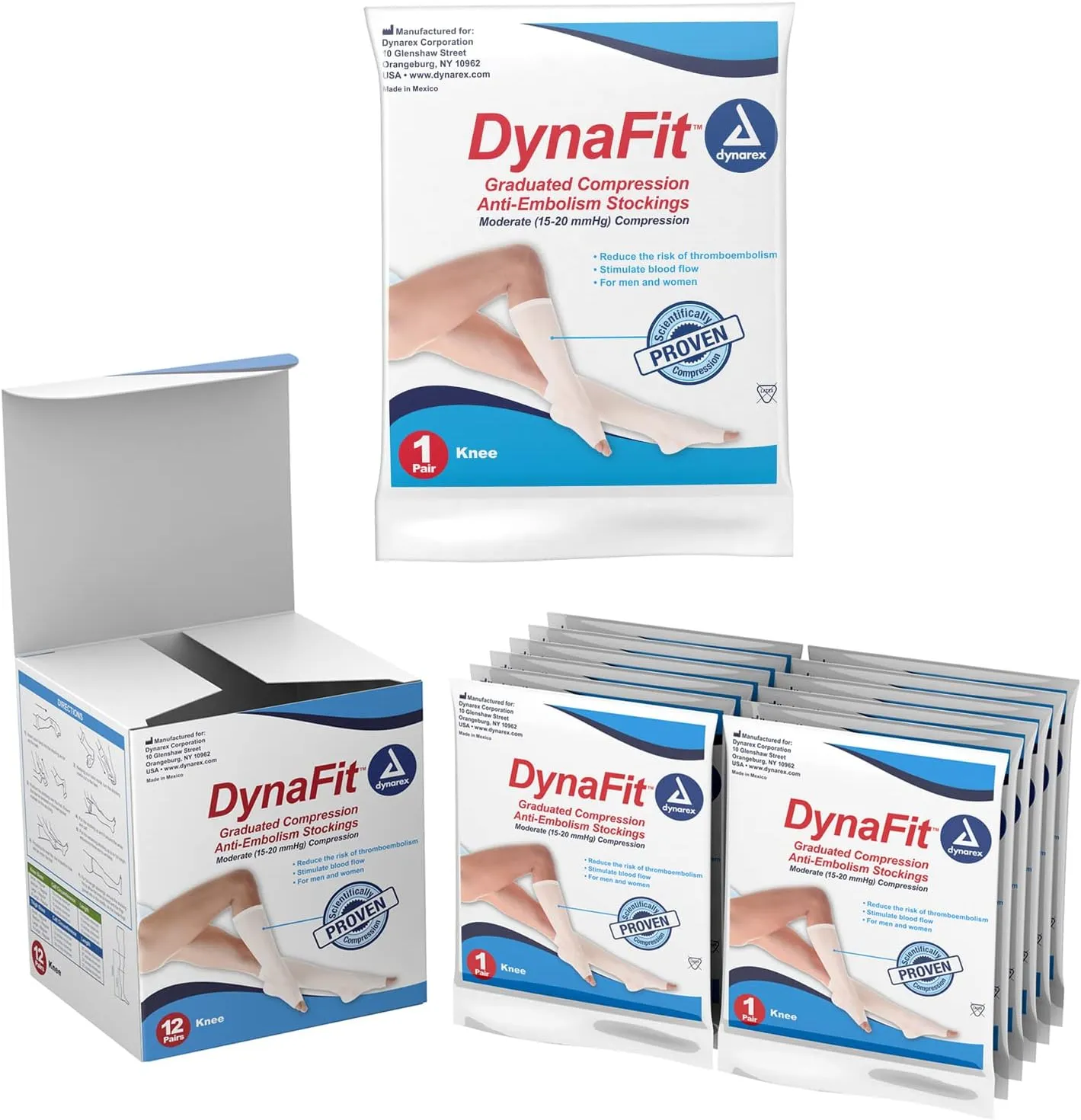 Dynarex DynaFit Compression Stockings Knee High, 15–20 mmHg, White, Small, 1 Box (12 Pairs) of Dynarex DynaFit Compression Stockings Knee High
