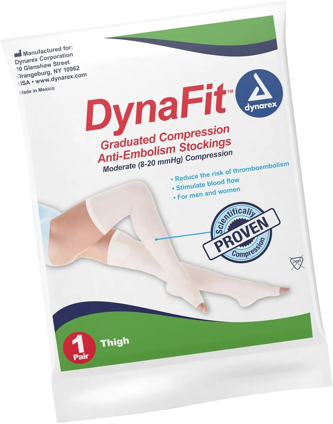 Dynarex DynaFit Compression Stockings Thigh High, 8-20 mmHg, Help Prevent Blood Clots, Relieve Pain & Varicose Veins, White, 1 Pair of Stockings